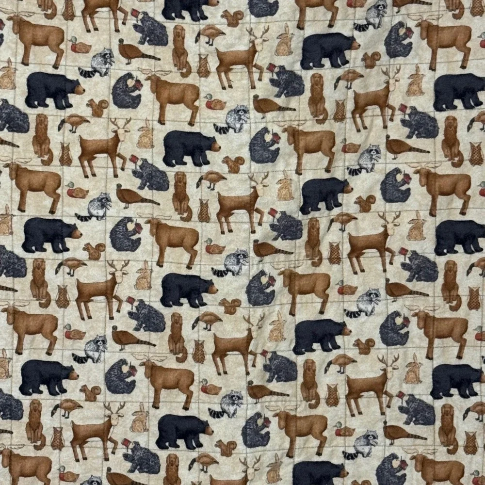 Vintage Patchwork Log Cabin Quilt Woodland Animals‎ Deer Bears Wildlife Theme